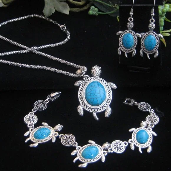 Turtle Pendant Necklace, Bracelet & Earrings faux turquoise silvertone setting - Picture 2 of 4